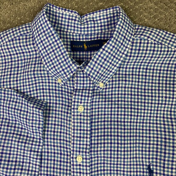NWOT Ralph Lauren 100% Linen Button Down Short Sleeve Shirt Mens 2XB Blue Purple - Picture 1 of 10